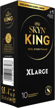 Czarno-złote opakowanie nielateksowych prezerwatyw SKYN KING XLARGE, widok z przodu. Napis 'FEEL EVERYTHING'.