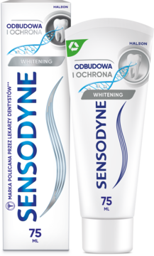 Pasta Sensodyne Odbudowa i Ochrona Whitening 75ml: biała tuba i kartonik obok, widok z przodu.