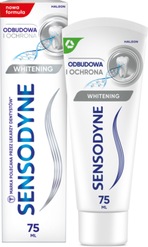 Sensodyne Odbudowa i Ochrona Whitening pasta wybielająca, biała tubka 75ml i opakowanie, widok z przodu.