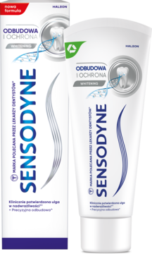 Sensodyne Odbudowa i Ochrona Whitening pasta do zębów w białej tubce i pudełku, widok z przodu, pod kątem.