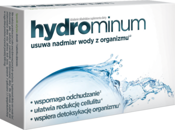 Hydrominum, białe pudełko suplementu na usuwanie nadmiaru wody z organizmu, z falą wody, widok z przodu.