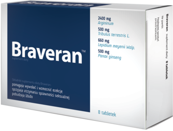 Braveran, suplement diety na potencję, w biało-granatowym pudełku z widoczną listą składników, widok pod kątem.