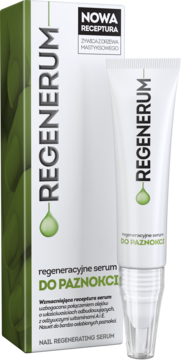 Regenerum regeneracyjne serum do paznokci, biała tuba z zieloną etykietą i pudełko obok na białym tle.