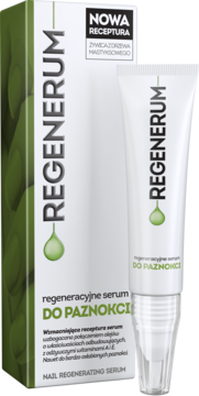 Regenerum regeneracyjne serum do paznokci, biała tuba z zieloną etykietą i pudełko obok na białym tle.