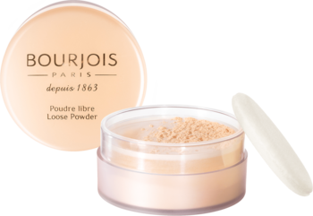 Puder sypki Bourjois Libre Loose Powder Peach w okrągłym, beżowym opakowaniu z widocznym pudrem i puszkiem.