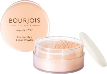 Sypki puder Bourjois Libre Loose Powder w jasnym odcieniu, otwarte opakowanie z puszkiem obok zamkniętego wieczka.