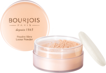 Sypki puder Bourjois Libre Loose Powder w jasnym odcieniu, otwarte opakowanie z puszkiem obok zamkniętego wieczka.