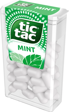 Miętowo-waniliowe drażetki Tic Tac Mint w przezroczystym, prostokątnym opakowaniu, widoczne białe pastylki, ujęcie z przodu pod kątem.