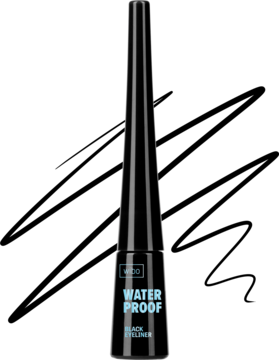 WIBO wodoodporny eyeliner w czarnej, smukłej butelce, widok z przodu. Jasnoniebieski napis 'WATER PROOF'.