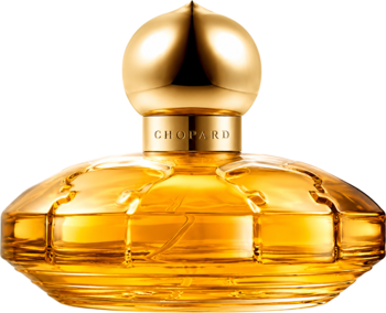 Chopard Casmir, orientalno-waniliowa woda perfumowana. Złota, okrągła butelka z żłobieniami, ozdobny korek, widok z przodu.