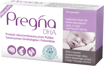 Białe pudełko suplementu Pregna DHA 600 mg dla kobiet w ciąży, z widocznym śpiącym dzieckiem i tekstem, ujęcie z boku.
