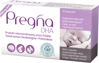 Pregna 250 DHA, biało-fioletowe pudełko suplementu dla kobiet w ciąży, ze zdjęciem śpiącego dziecka, z przodu.