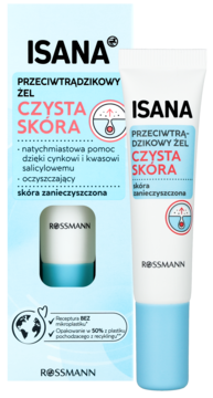 Isana Czysta Skóra żel przeciwtrądzikowy, biało-niebieska tuba i pudełko z cynkiem i kwasem salicylowym.