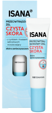 Isana Czysta Skóra żel przeciwtrądzikowy z cynkiem. Biało-niebieskie opakowanie i tubka na zdjęciu produktowym.