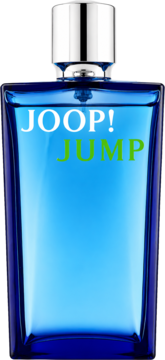 Joop! Jump woda toaletowa męska. Niebieska butelka z napisami JOOP! i JUMP, srebrnym korkiem, widok z przodu.