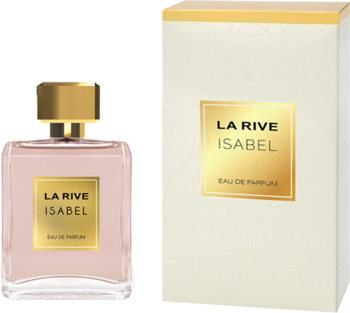 La Rive Isabel EDP: elegancki różowy flakon perfum i kremowe pudełko ze złotymi detalami, widok z przodu.