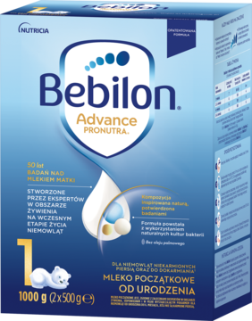 Bebilon Advance Pronutra 1 mleko początkowe od urodzenia, niebiesko-białe pudełko 1000g, z logo Bebilon.