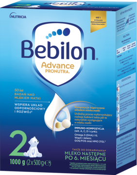 Niebieskie pudełko Bebilon 2 Advance Pronutra, mleko następne dla niemowląt od 6 miesięcy, 1000g, widok z przodu.