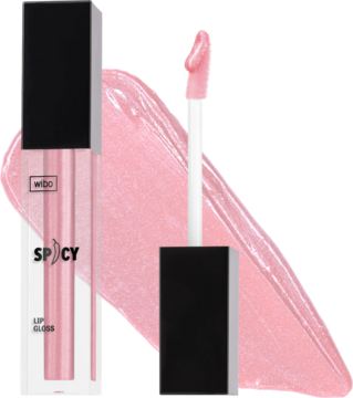 Pobudzający błyszczyk do ust WIBO Spicy nr 19, różowy, opalizujący, z aplikatorem i smugą produktu.