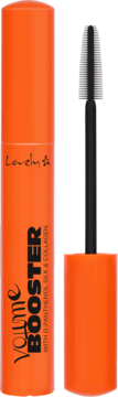 Orange mascara Lovely Volume Booster z D-pantenolem i kolagenem, otwarta z czarną szczoteczką, na niebieskim tle.