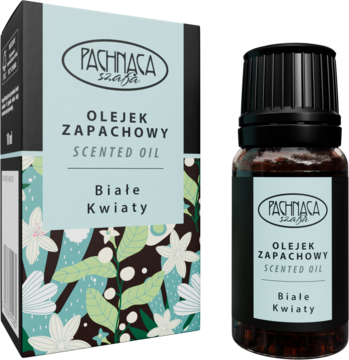 Olejek zapachowy Białe Kwiaty Pachnąca Sasha, butelka i pudełko z motywem kwiatów, widok z przodu pod kątem.