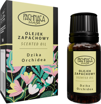 Olejek zapachowy Dzika Orchidea w brązowej butelce i beżowym pudełku z kwiatami, widok z przodu.