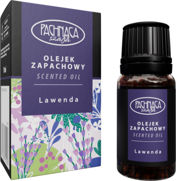 Lawenda olejek zapachowy Pachnąca Szafa w ciemnej butelce z fioletową etykietą, przed pudełkiem z lawendowym wzorem.