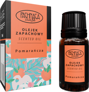 Pomarańczowy olejek zapachowy Pachnąca Szafa: ciemna butelka obok pomarańczowego pudełka z logo, widok z przodu.