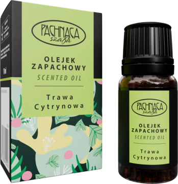 Olejek zapachowy Trawa Cytrynowa w ciemnej butelce Pachnąca Hajja z zieloną etykietą, obok wzorzyste pudełko.