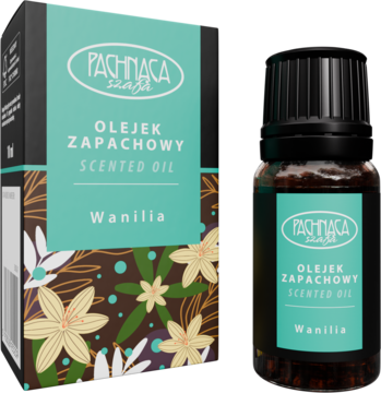 Pachnąca Szafa Olejek zapachowy Wanilia: tealowo-brązowe pudełko z kwiatowym wzorem i szklana butelka.