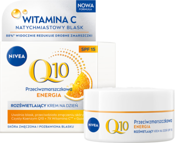 Nivea Q10 Energia krem przeciwzmarszczkowy z witaminą C i SPF 15, białe opakowanie i słoik, widok z przodu.