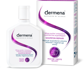 Dermena Repair, szampon regenerujący włosy suche i wypadające. Biała butelka z fioletowymi detalami, widok z przodu.