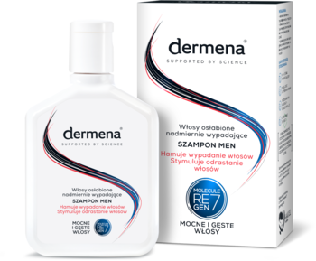 Dermena SZAMPON MEN na włosy wypadające, biała butelka i pudełko z czarno-czerwonym logo, widok z przodu.