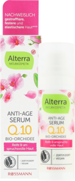 Alterra Anti-Age Serum Q.10 Bio-Orchidee, białe opakowanie i butelka z orchideami, widok z przodu.
