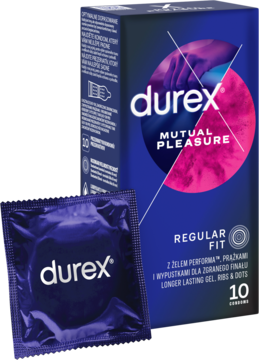 Niebieskie opakowanie prezerwatyw Durex Mutual Pleasure 10 sztuk i fioletowa pojedyncza prezerwatywa.