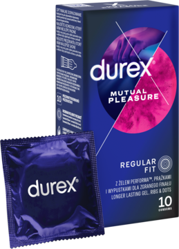 Niebieskie opakowanie prezerwatyw Durex Mutual Pleasure 10 sztuk i fioletowa pojedyncza prezerwatywa.