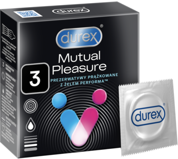 Durex Mutual Pleasure prezerwatywy 3 szt. w czarnym opakowaniu z grafiką, obok srebrna folia z prezerwatywą.