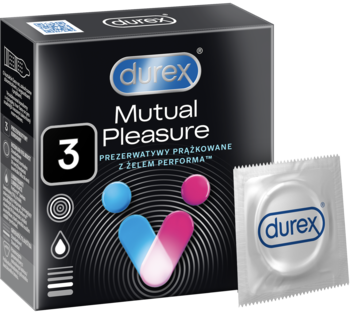 Durex Mutual Pleasure prezerwatywy 3 szt. w czarnym opakowaniu z grafiką, obok srebrna folia z prezerwatywą.