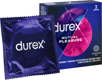 Durex Mutual Pleasure, prezerwatywy prążkowane z lubrykantem. Na pierwszym planie fioletowa sztuka, z tyłu opakowanie 3 szt.