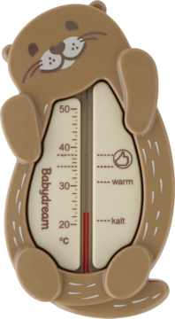 Brązowy termometr do kąpieli Babydream w kształcie wydry. Pionowo, widok z przodu, biała skala, ciepło/zimno.