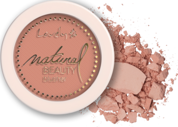 Mineralny róż Lovely Natural Beauty nr 2: otwarty kompakt z różem i obok rozsypany brzoskwiniowy puder.
