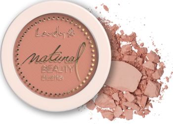 Mineralny róż Lovely Natural Beauty nr 2: otwarty kompakt z różem i obok rozsypany brzoskwiniowy puder.