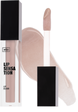 Nude błyszczyk Wibo Lip Sensation z kwasem hialuronowym. Butelka, aplikator i smuga produktu. Widok z przodu.
