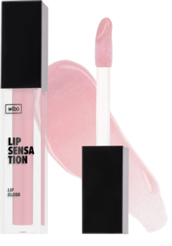 Błyszczyk Wibo Lip Sensation nawilżający, jasnoróżowy, z kwasem hialuronowym. Widok z aplikatorem i smugą produktu.