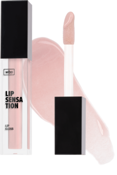 Wibo Lip Sensation, blady różowy błyszczyk nawilżający z aplikatorem i smugą produktu, widok z przodu.