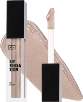 Błyszczyk WIBO LIP SENSATION nude z kwasem hialuronowym. Widoczny aplikator oraz beżowa smuga produktu.