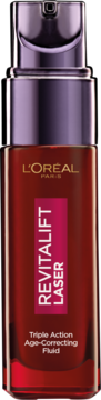 L'Oréal Revitalift Laser Fluid, czerwona butelka z fioletową pompką, widok z przodu, Triple Action Age-Correcting.