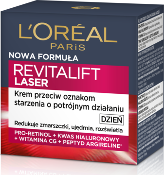 L'Oréal Paris Revitalift Laser krem na dzień, ciemne pudełko z różowym paskiem, z pro-retinolem.