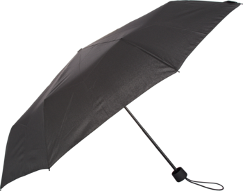 Czarny składany parasol, kompaktowy, widok pod kątem na złożoną konstrukcję metalową, idealny na podróż.
