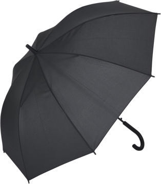 Otwarty czarny parasol z rączką, widok z góry ukazuje stabilny metalowy stelaż i zakrzywiony uchwyt.